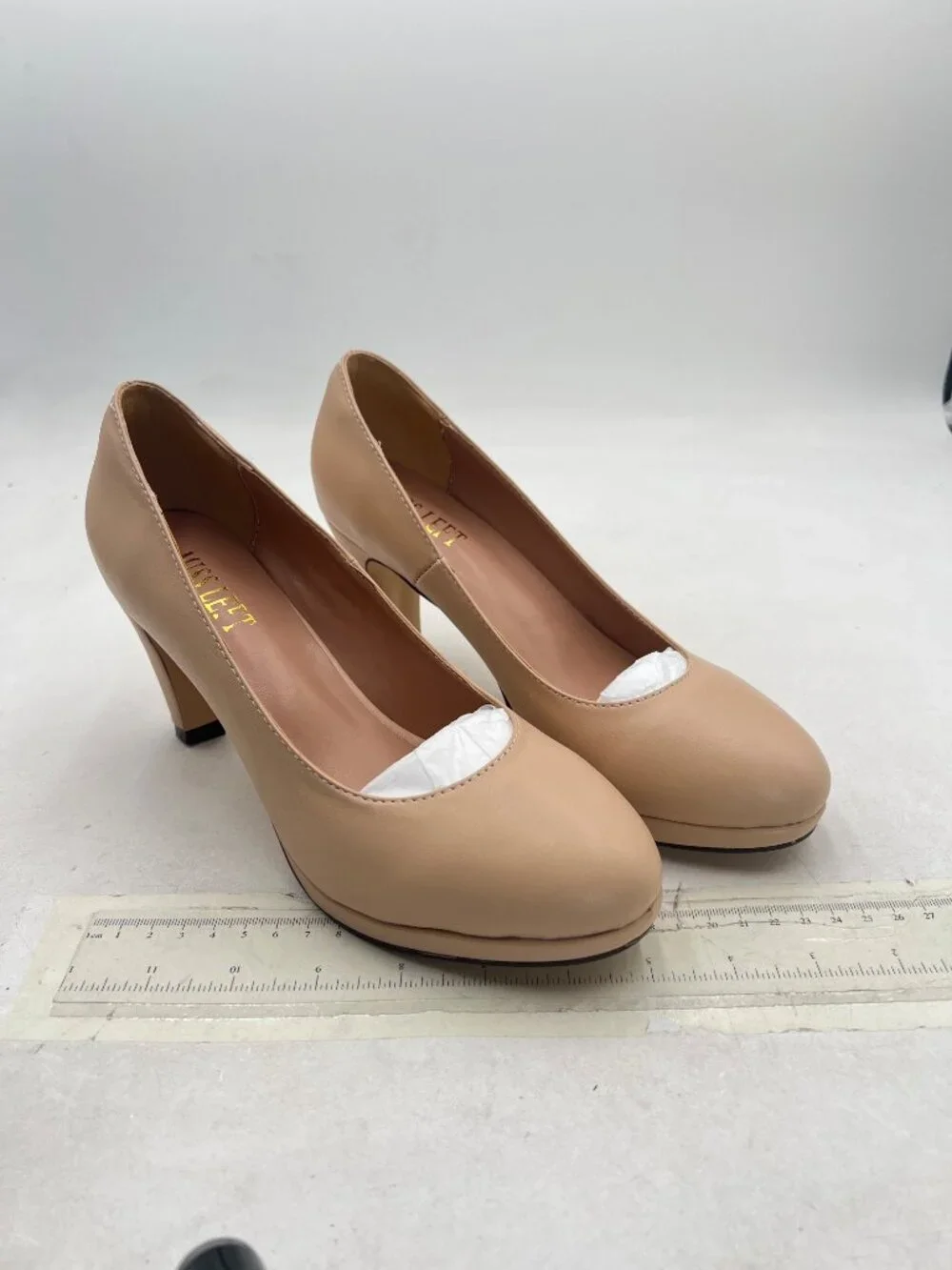 miss left Apricot Low Platform Chunky High Heel Slip On Closed Round Toe Pump
